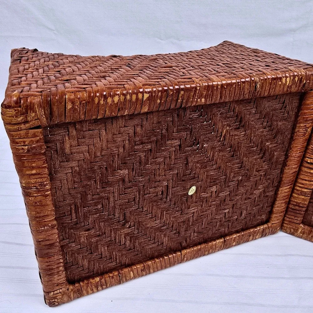 Set of 2 Woven Wicker Storage Baskets Brown Chevron Sloped‎ Farmhouse Organizer